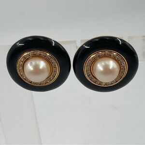 Vintage Joan Rivers Women Signed Black w/Faux Pearl & Crystals Clip-On Earrings
